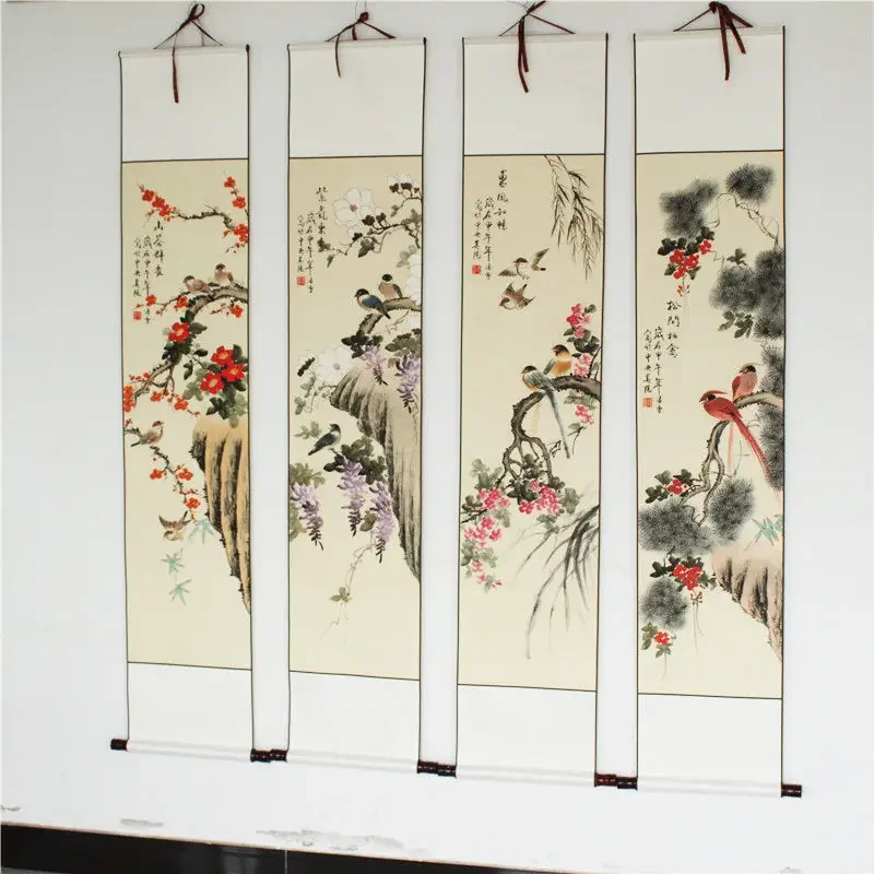 Chinese Decorative Painting, Classical Flower and Bird Four Screen Scroll Painting Living Room Wall Hanging Cloth Poster Canvas