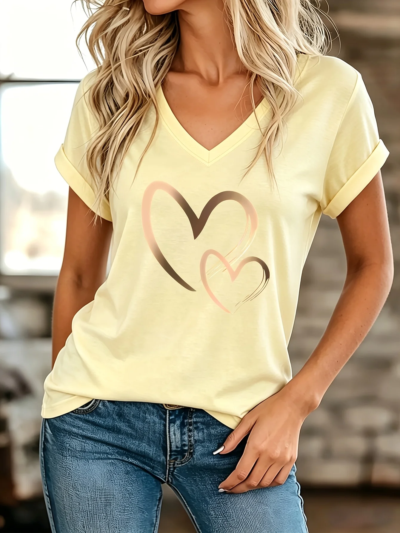 Women's Golden Double Heart Art Printed V-neck Short sleeved T-shirt, Summer Thin Fashion Casual Comfortable Pullover Top Tee