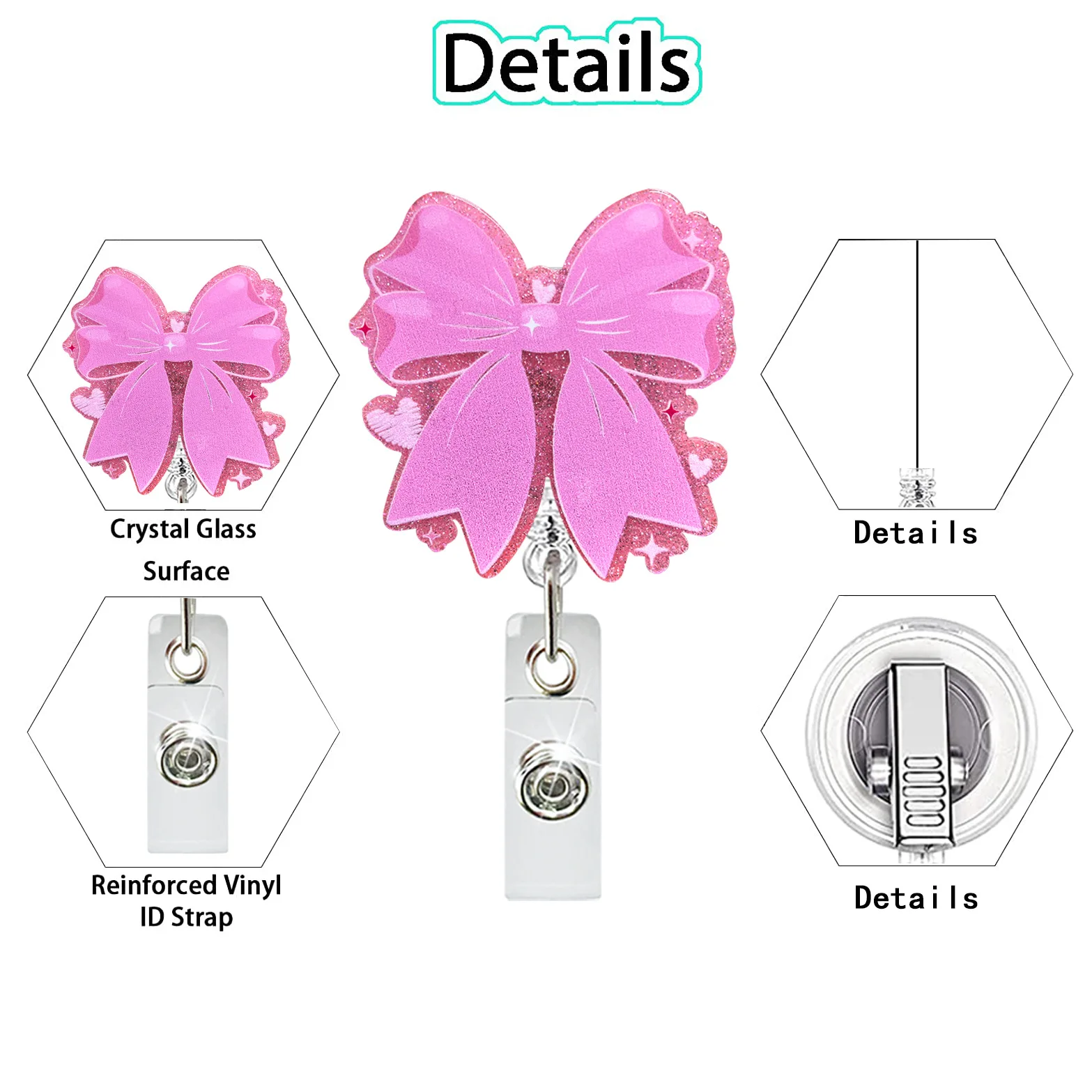 Nurse Pink Bow Badge Holder Cute Acrylic Retractable Rotating Scroll Doctor ID Holder Card Badge Reel Clip Buckle Keychain Gifts