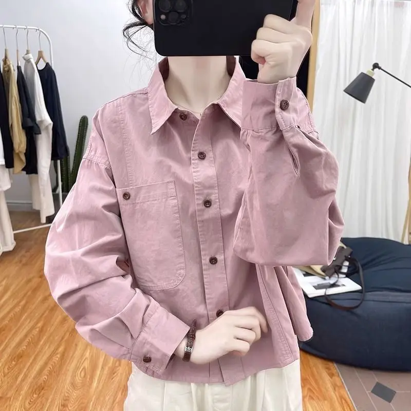 

Spring Autumn New Short Polo Neck Loose Blouse Long Sleeve Solid Youth Simplicity Korean Shirt Tops Casual Fashion Women Clothes