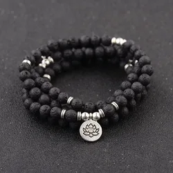 108 Beads 8 mm Lava Rock Stone Buddha Lotus Mala Bracelet for Women Men Strand Charm Bracelet or Necklace Fashion Jewelry