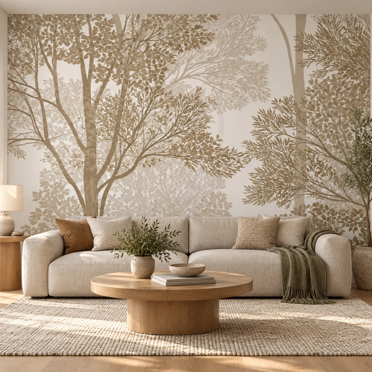Forest Wall Mural Beige Trees Botanical Woodland Wallpaper Non Self Adhesive Living Room Bedroom Nature Decor Neutral Wall Decor