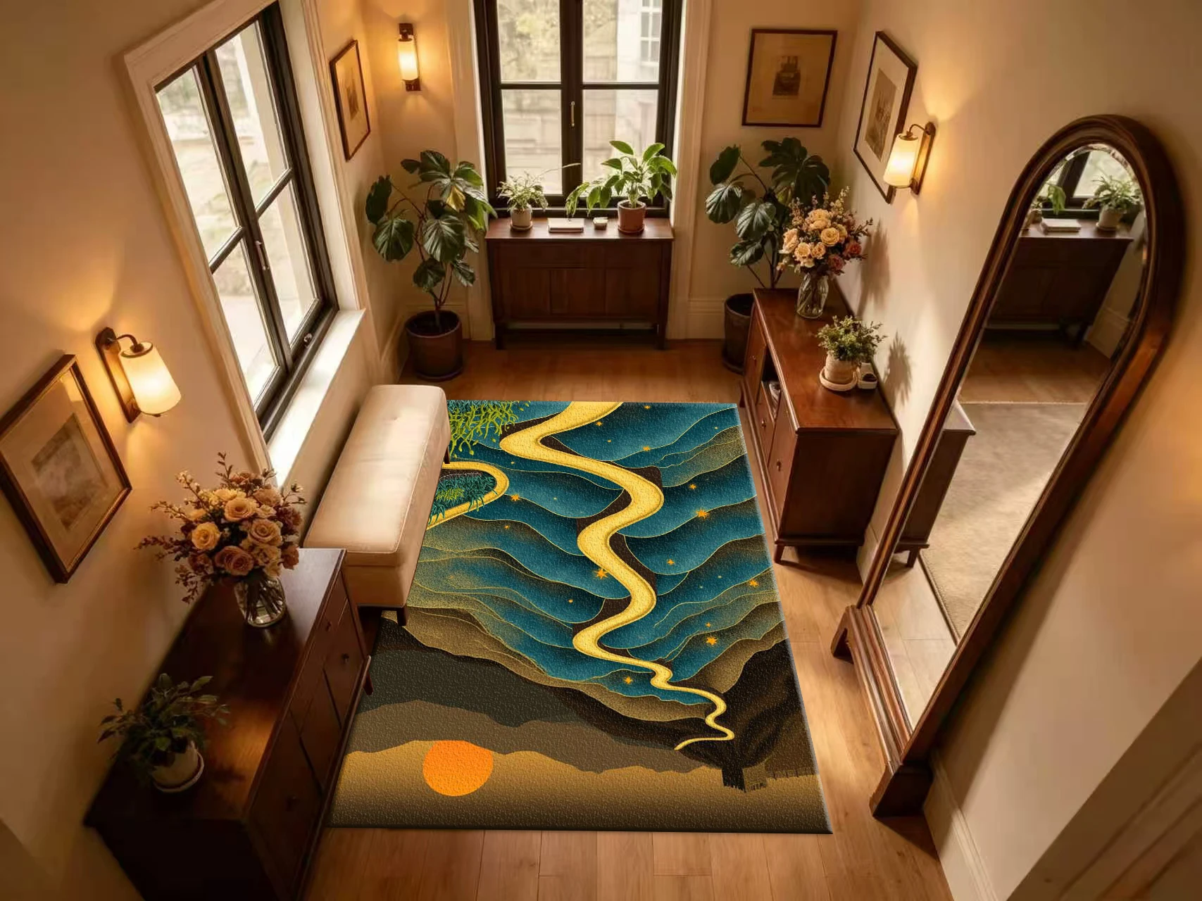 Golden Winding River Mountain Starry Landscape Carpet Flooring Retro Mountain Valley Sunset Art Print Household Decor Floor Rug