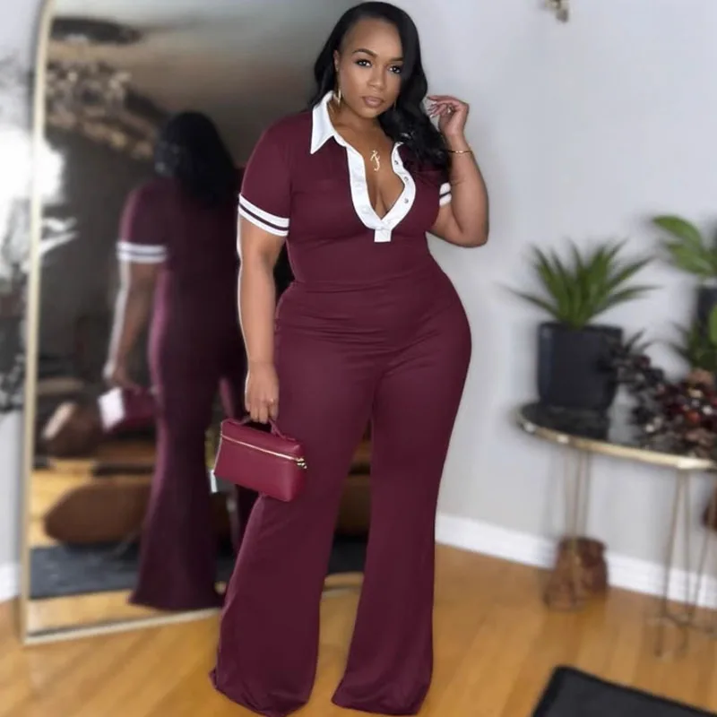 

Elegant Fashion Streetwear Jumpsuit Women Short Sleeve Turn-down Collar High Waist Flare Pants Rompers Female One Piece Outfits
