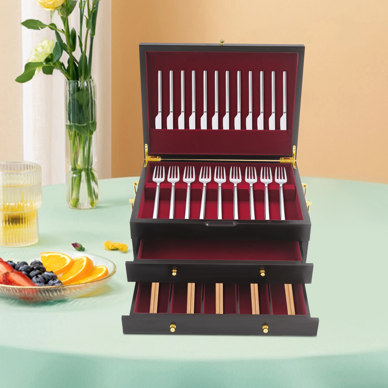 

Luxury 3 Tier Pine Wood Silverware Chest Handmade Cutlery Storage Box for Home Hotel Restaurant with Flannelette Lining