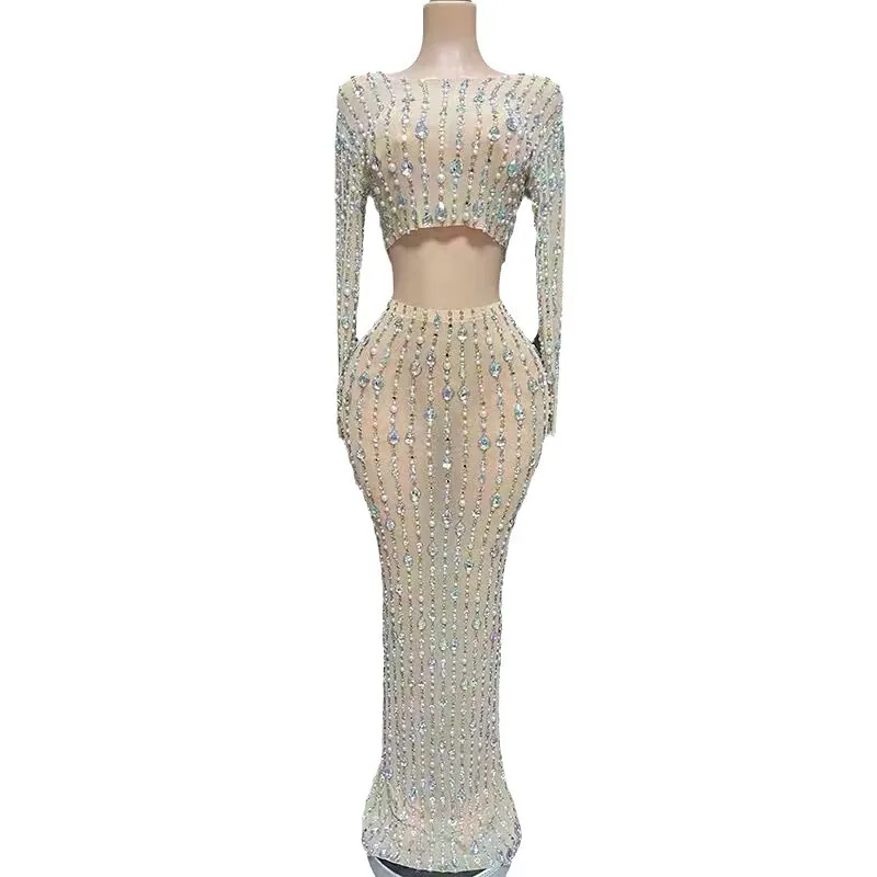 زي حجر الراين فتاة زي مجموعة شبكة الطابق طول فستان حفلة سهرة Vestidos Festa Luxuosos ملابس الحفلات فستان للنساء
