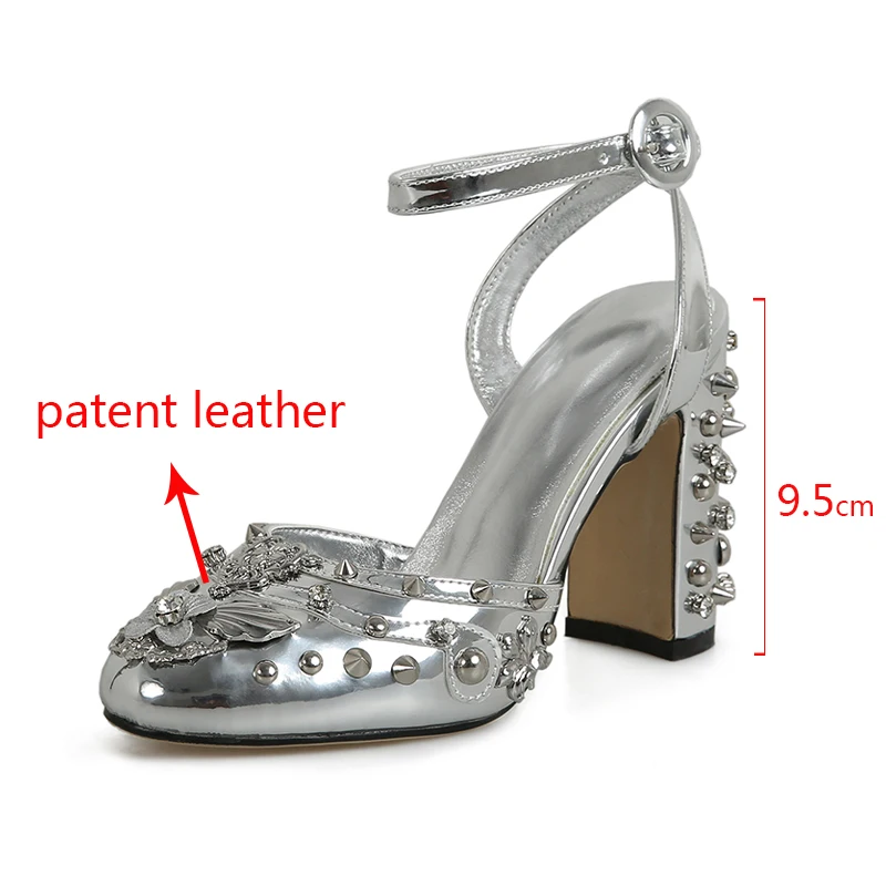 Phoentin Luxury Women\'s Party Sandals 2023 new Gold Silver Bridal High Heels Wedding Shoes Retro rivet sling back pupms FT1879