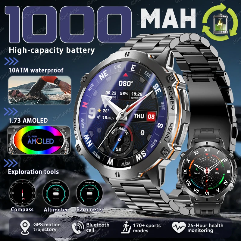

New Upgrade 1000mAh Battery Sports Smart Watch GPS Track Compass 1.73-inch AMOLED 10ATM Swim Bluetooth Call Military Smartwatchs