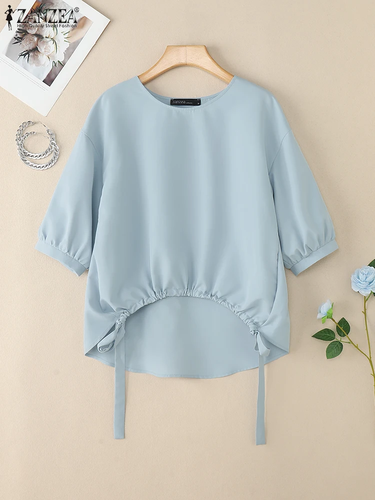 

ZANZEA женские синие блузки с завязками и круглым вырезом, однотонные топы с рукавами-фонариками 3/4, осень 2021, уличная мода 3XL
