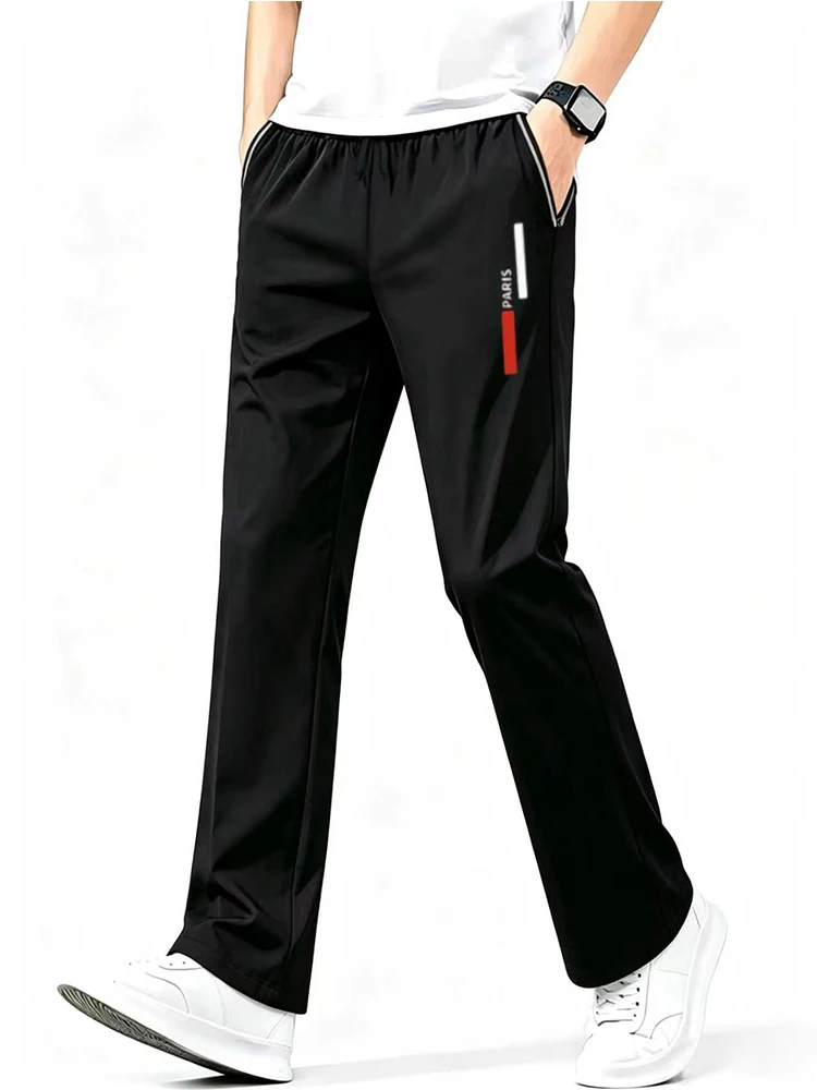 Men Vertical PARIS Letter Red White Stripe Print Ice Silk Straight Track Pants Elastic Waist Loose Wide Leg Sports Trousers Ligh