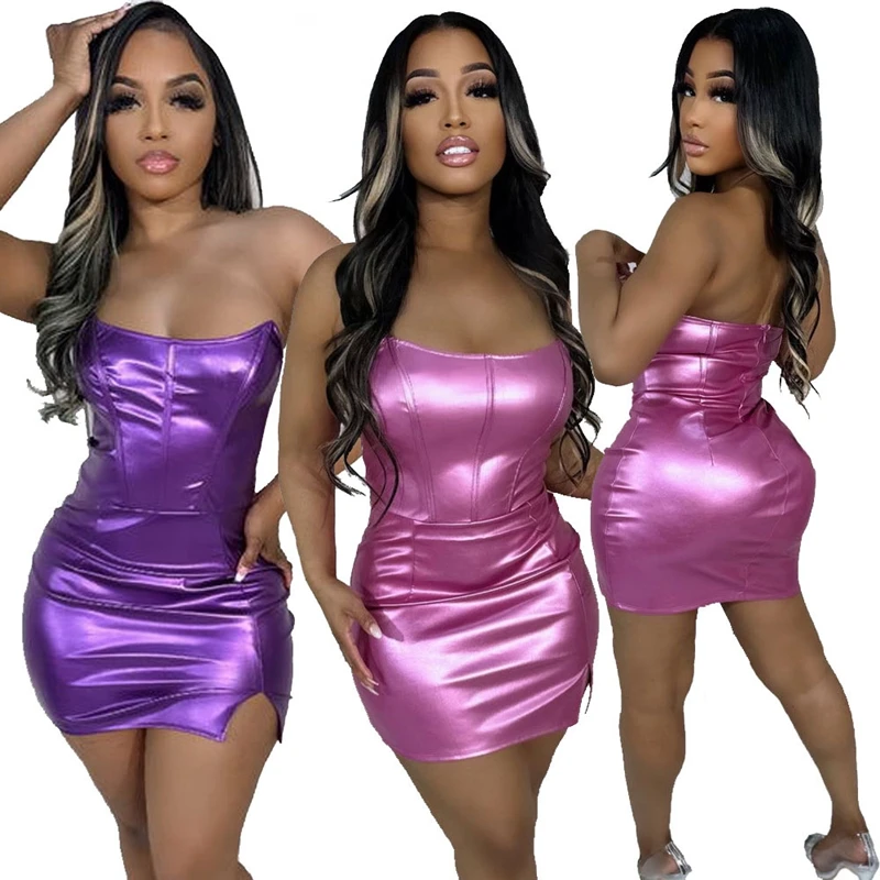 Sexy abito rosa lucido metallizzato donna Mini estate senza spalline senza spalline in ecopelle tubo aderente abiti da festa corti Clubwear