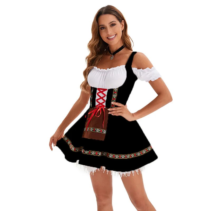 Traditional Bavarian Oktoberfest Costumes Plaid Dirndl Dresses Women Apron Dress German Beer Wench Maid Cosplay Party Dress