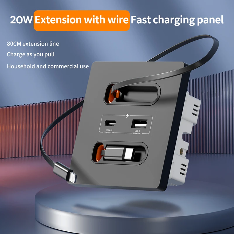 Universal Type-C USB Socket with Retractable Charging Cable 80CM, Wall Fast Charging 20W USB Socket