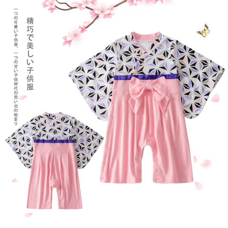 Japanese Style Baby Girl Kimono Romper Cotton Infant Jumpsuit Long Sleeve Floral Print Pink Clothes Toddler Spring Fall Outfit