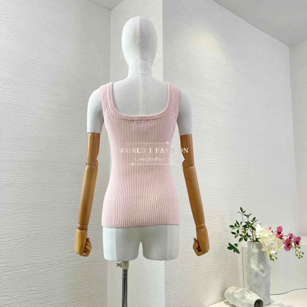 

Woman Clothing Pink Embroidery Flowers Knit Sleeveless Vest Tops