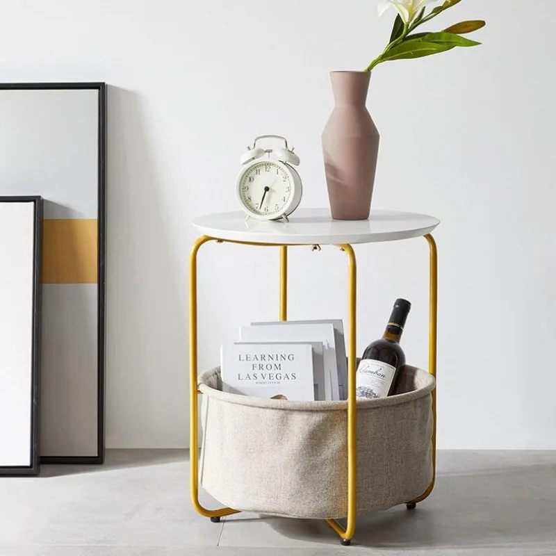 Modern Yellow Metal Side Table with Fabric Storage Basket Round Accent Table Multifunctional End Table for Living Room Bedroom