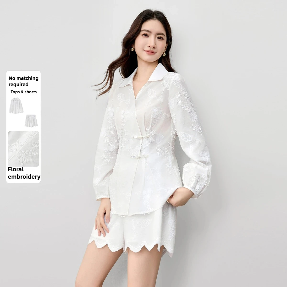 

SENTUBILA Temperament Short Sets Women 2025 Autumn Embroidered V-Neck Long Sleeve Tops Elastic Waist Straight Shorts Q53ZA3082