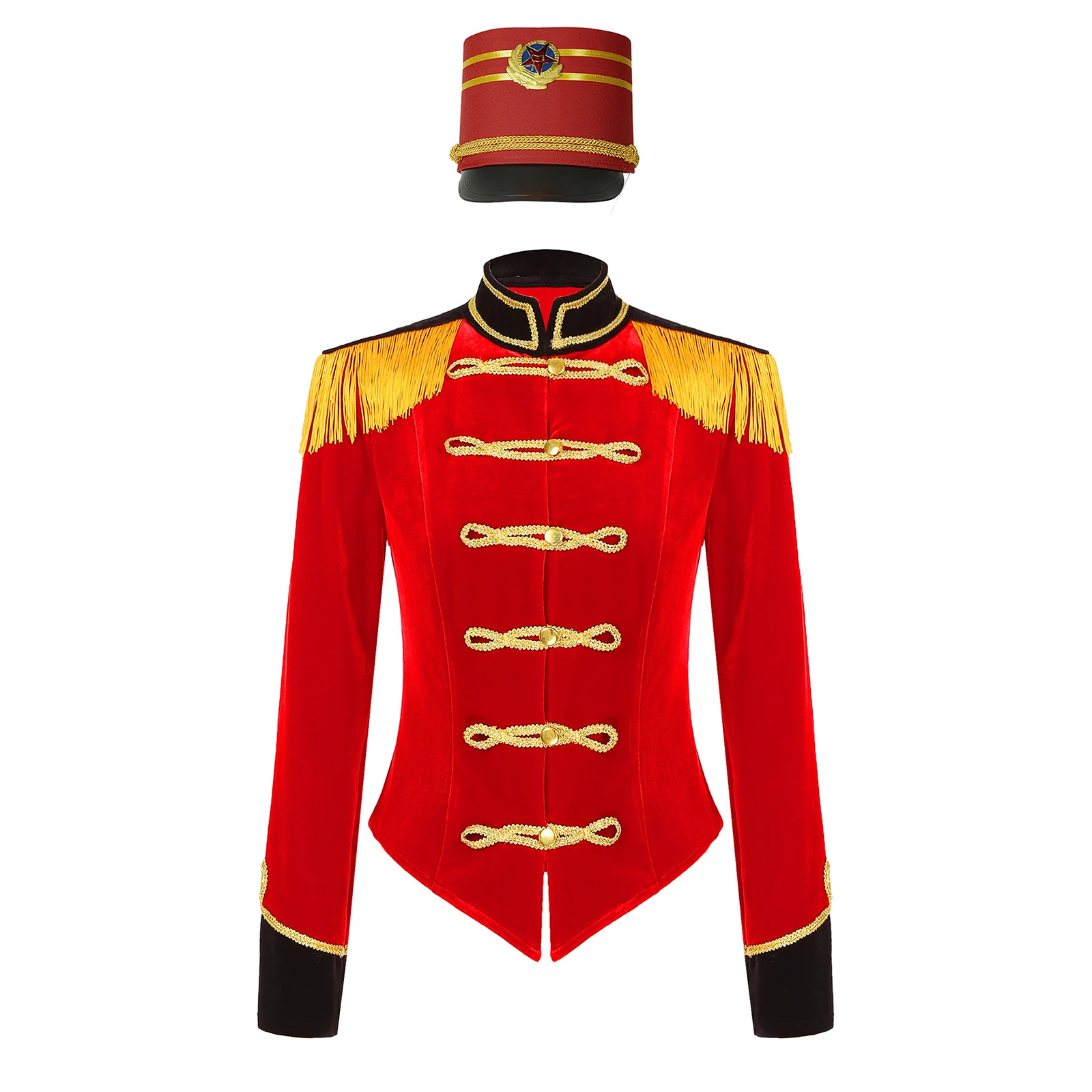 Halloween Circus Ringmaster Drummer Costume Womens Long Sleeve Fringe Epaulet Jacket with Hat for Party Performance Coat Sets