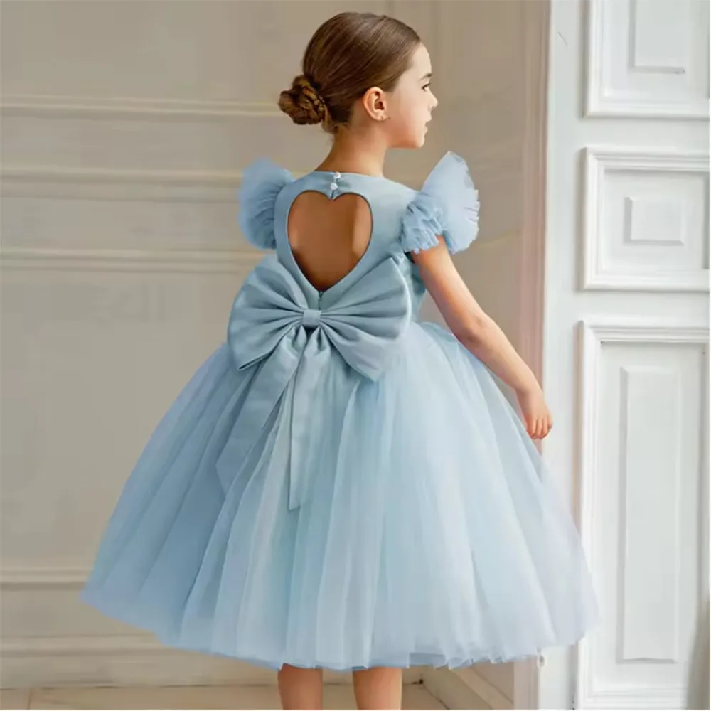 Elegant Flower Girl Wedding Dress Backless Mesh Princess Birthday Party Dress Children First Communion Prom Puffy Gown