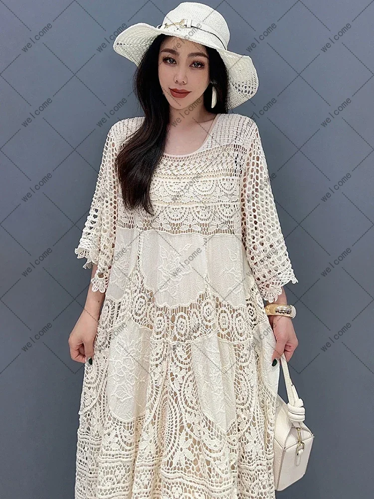 Lace Dress With Mid Sleeves Large Hem 2024 Spring Summer New Hollow Out Elegant Lady Fashion Loose Women Robe