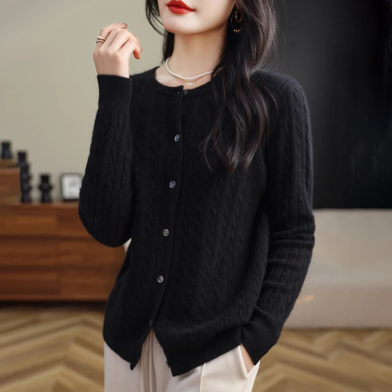 Women\'s long sleeved round neck cardigan autumn and winter twisted flower sweater women\'s knitted new cashmere sweater jacket to