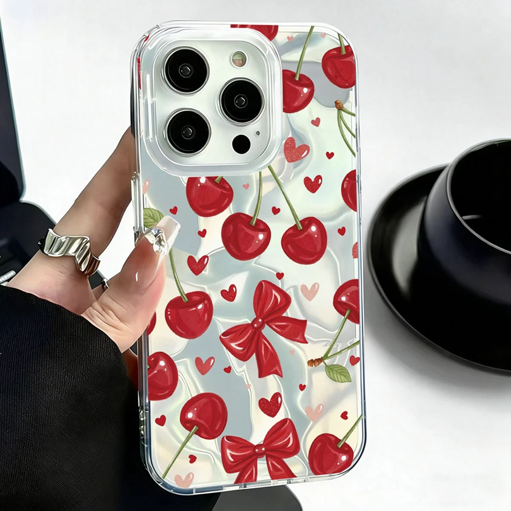 Niedliche Kirsch-Schleifen-Handyhülle für Damen für iPhone 17 16 15 14 13 12 11 Pro Max X XS XR 7 8 – TPU Sommer-Frucht-Muster Stoßfeste Hülle