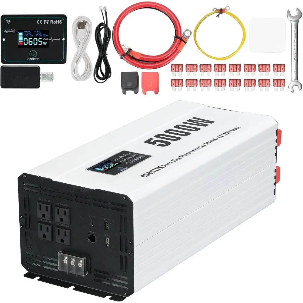 

5000 Watts Power Inverter Peak 10KW, Pure Sine Wave 12V DC to 120V AC Off Grid Solar Inverter with Wireless Remote Control LCD