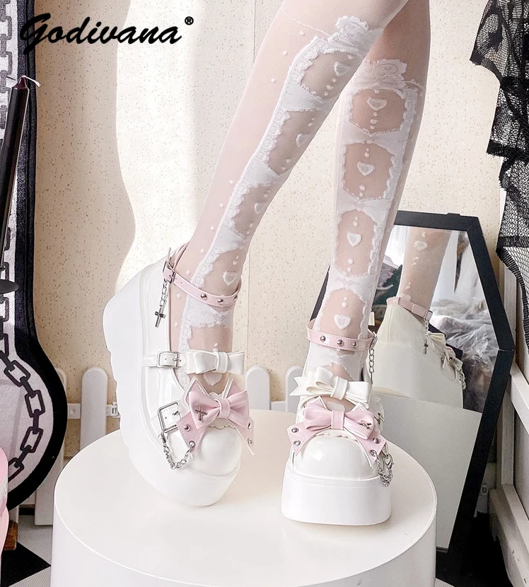 

Punk Style Thick Bottom Sweet Cool Paltform Shoes 2024 Spring Hot Girl Women's Lolita Bow Thick Bottom Shoes Student Lo Pumps