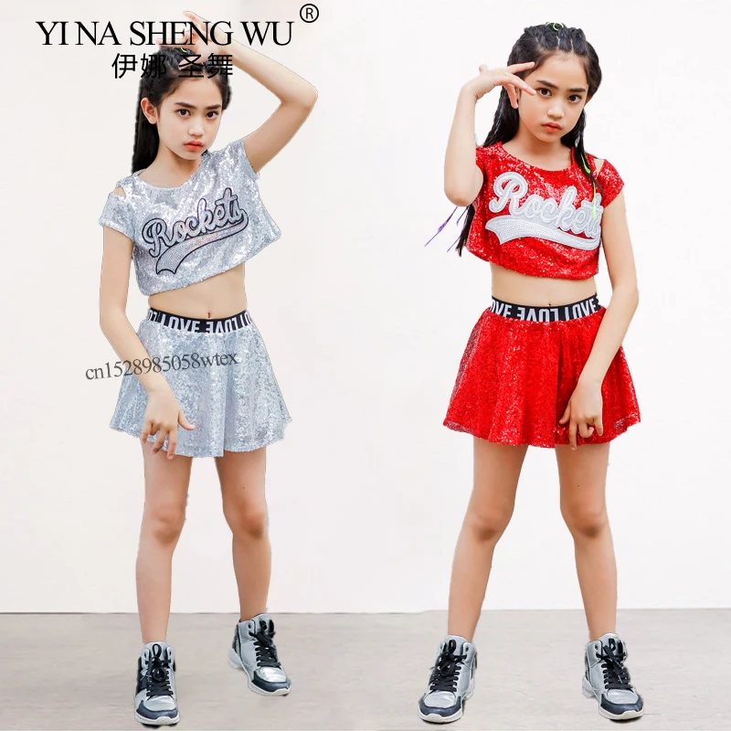 Roupas de dança jazz crianças meninas meninos lantejoulas colheita topo & saia/shorts conjunto líder de torcida dança de rua jazz palco desempenho traje