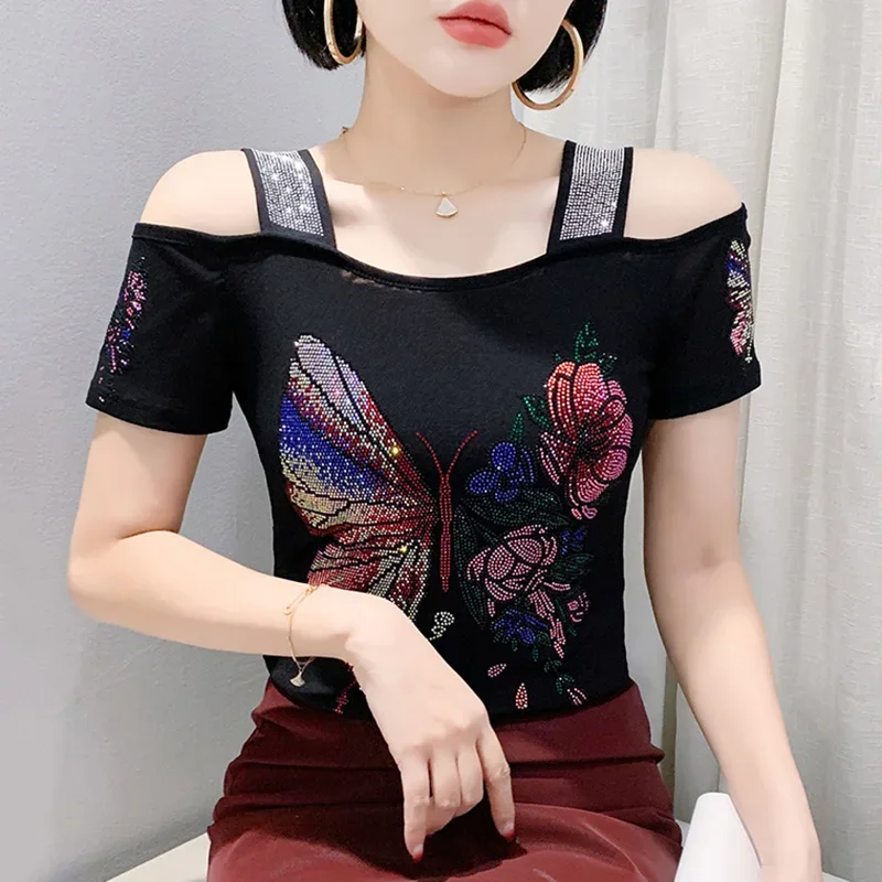 Fashion Sexy Off Shoulder Butterfly Hot Drilling Women's T-Shirt Luxury 2025 Summer New Collection Diamond Mesh Tops