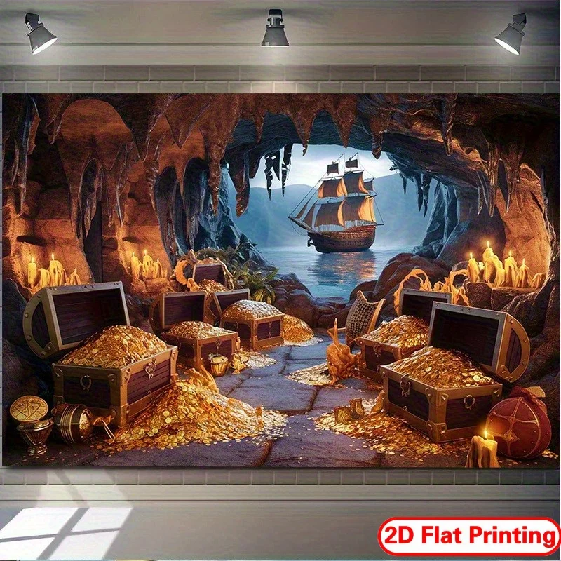 Pirate Treasure Cave Tapestry - Hidden Ship, Gold Coins, Fantasy Adventure Wall Art, Kids Room Game Room, Multiple Sizes