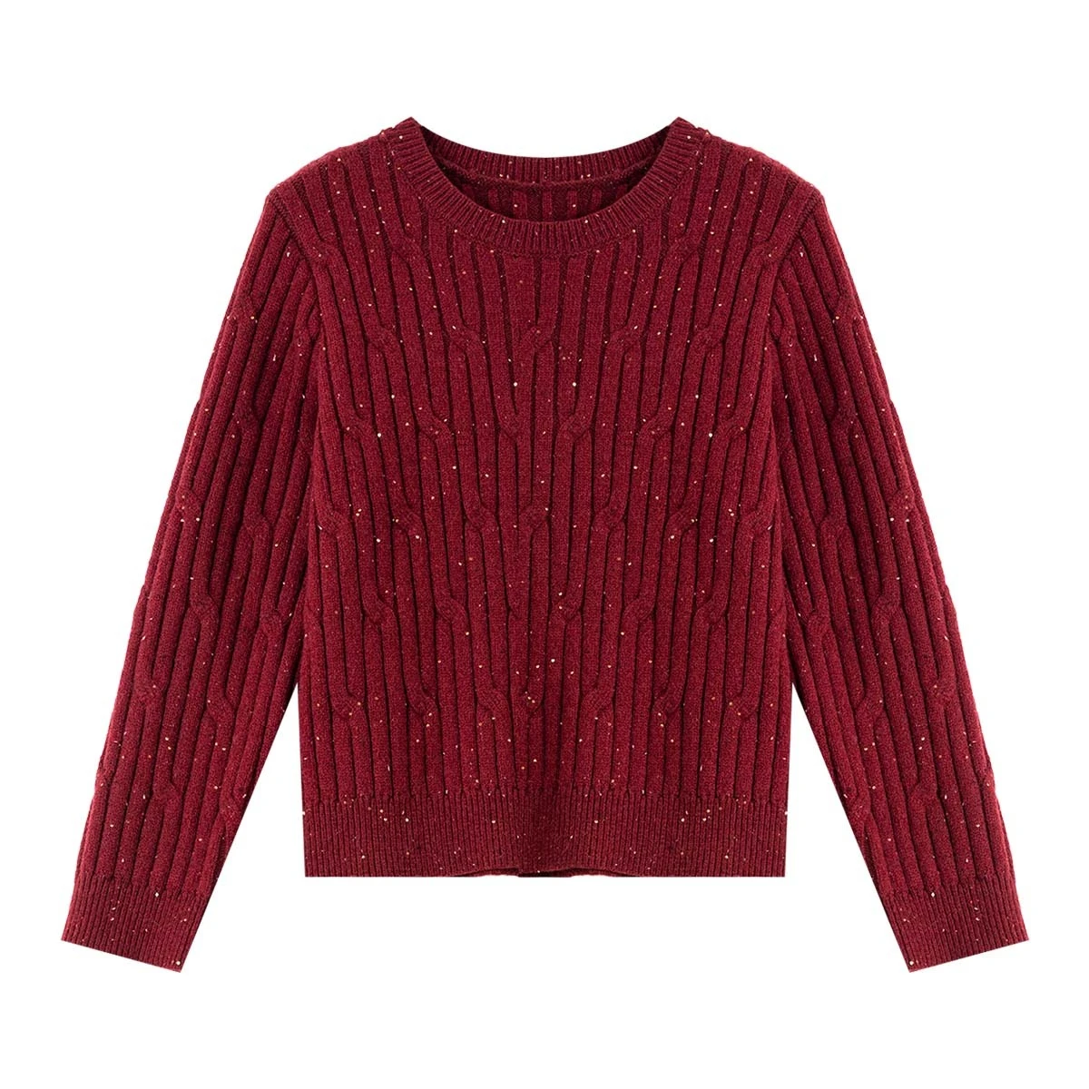 VIMLY Herfst 2025 Mode Vrouw Nieuwe Gebreide Rode Truien Casual Lovertjes Ronde Hals Trui Elegante Stretch Dames Truien 75130