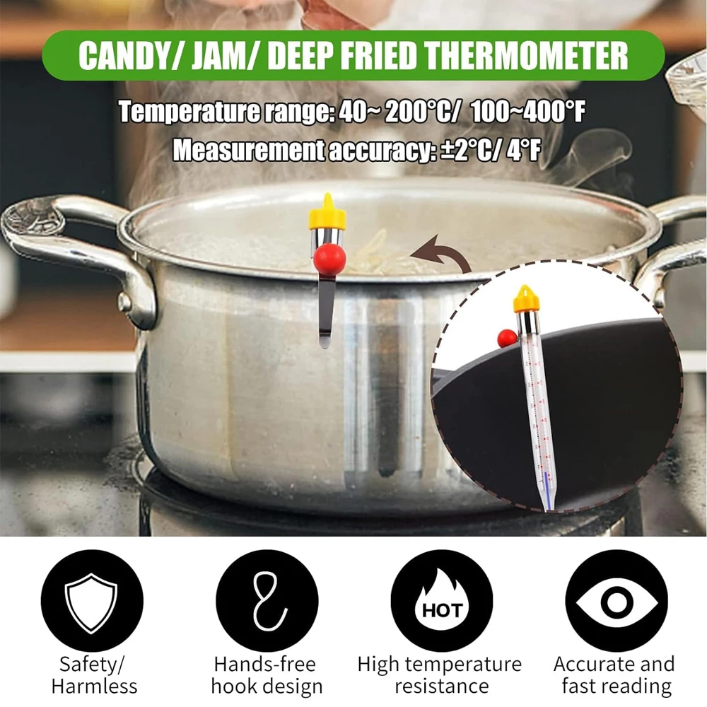 Candy Thermometer Deep Fry Oil Thermometer with Pot Clip, Sugar Syrup Jam Jelly Oil Thermometer with Hanging Hook, Glass Food