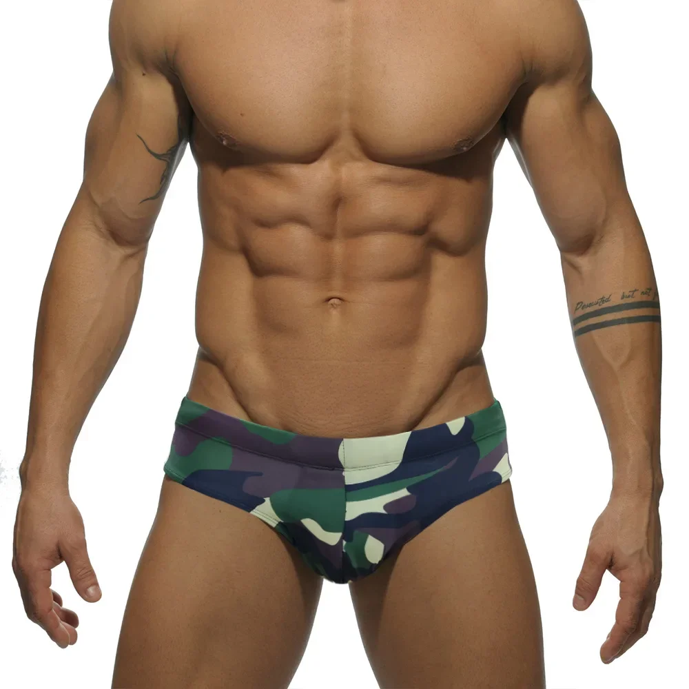 Men's Swimwear Low Rise Ployester Camo Bikini Briefs Quick Dry Swimsuit Beach Shorts Bathing Suit with Adjustable Drawstring