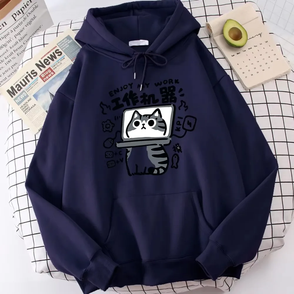 Men's Plus Size Cartoon Cat Abstract Machine Pattern Printed Hoodie, High Quality Comfortable Fashion Casual Pullover