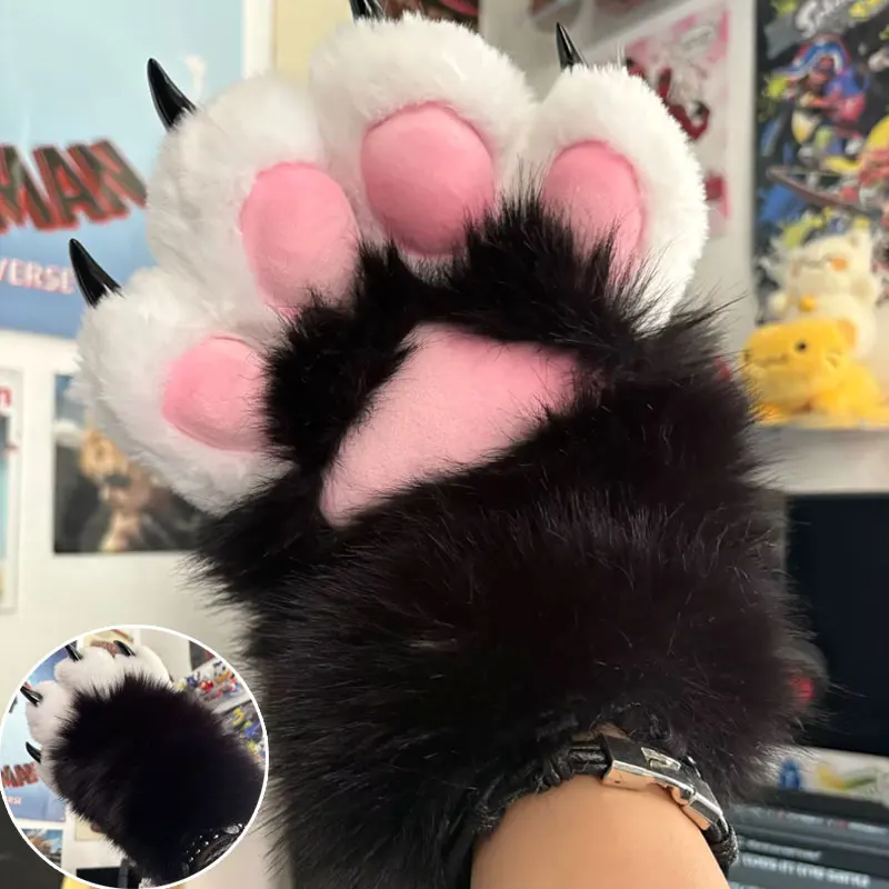 Плюшевые пушистые перчатки с кошачьими когтями, искусственный мех, лисьи лапы, мяукальные варежки для вокализации на Хэллоуин, аксессуары для косплея, перчатки