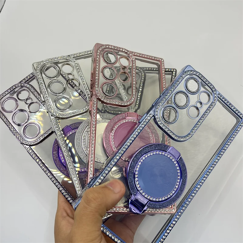 

Electroplated Transparent Shiny Diamond Case for Samsung Galaxy S25 S24 Ultra Plus Magnetic Mirror Holder (with) Lens Film Cover