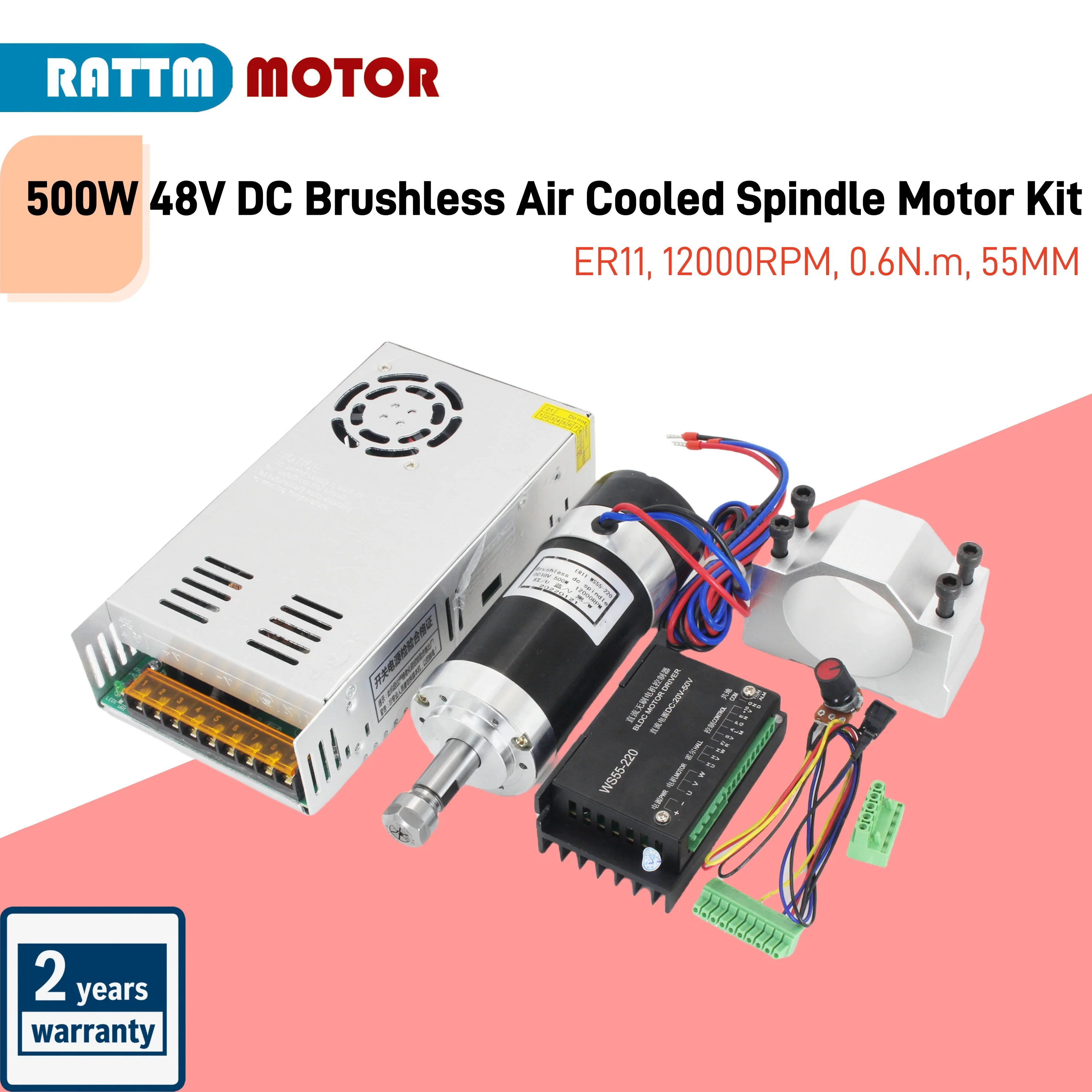 500W 48V DC Brushless Air Cooled Spindle Motor Kit ER11, 12000RPM, 0.6N.m, 55MM+BLDC Driver Motor Speed Controller, Power Supply
