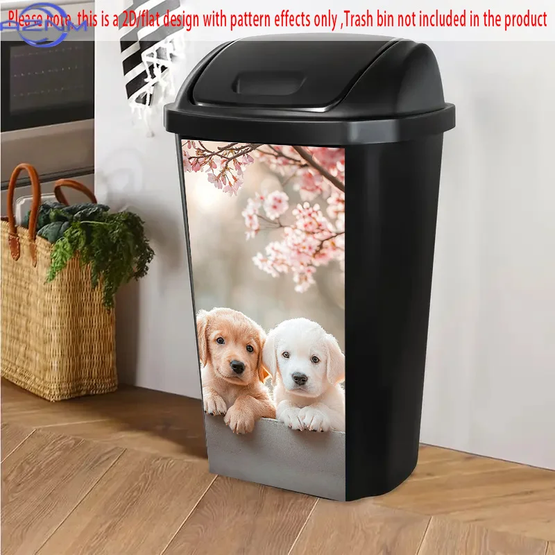 1pc Self-Adhesive Dustbin Sticker - Cute Puppies & Cherry Blossoms Design, .01x cm PVC Decal for Trash Cans, Walls, Kitchen De