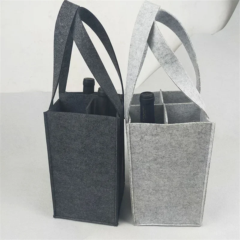 Reusable Fashion Felt Bag Wine Holder Beer Bottle Shopping Tote Bag Bottle Carrier with 6 Bottles Divider Washable Grey