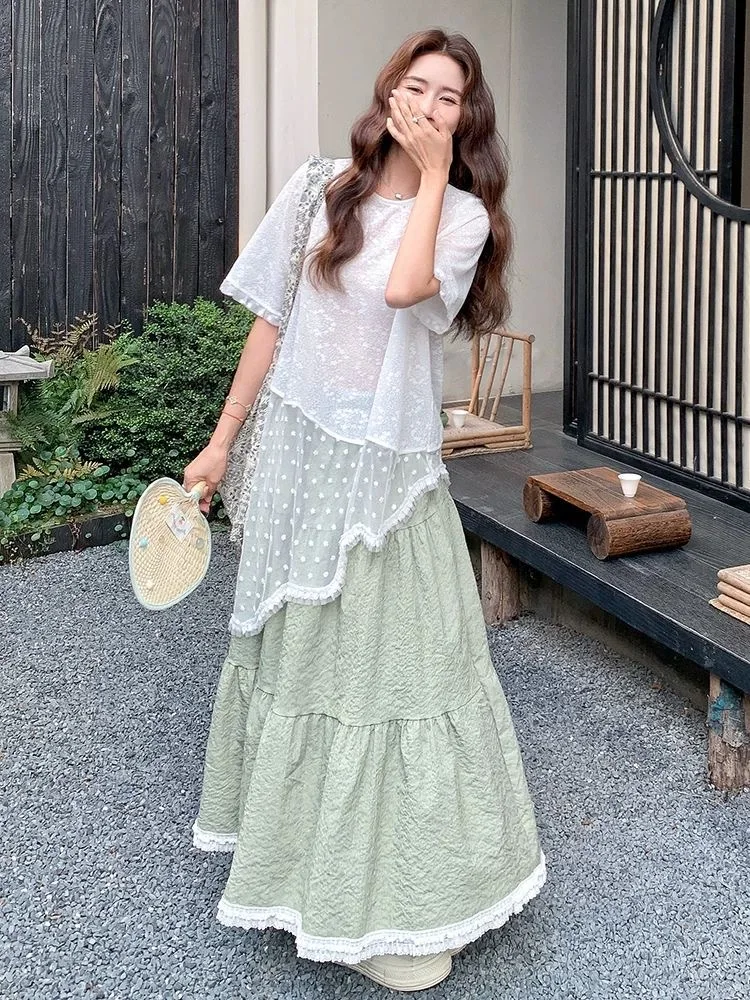 Verão renda assimétrica design feminino conjunto de duas peças vaion sle doce coreano saia linha a ort sve redondo ne topo