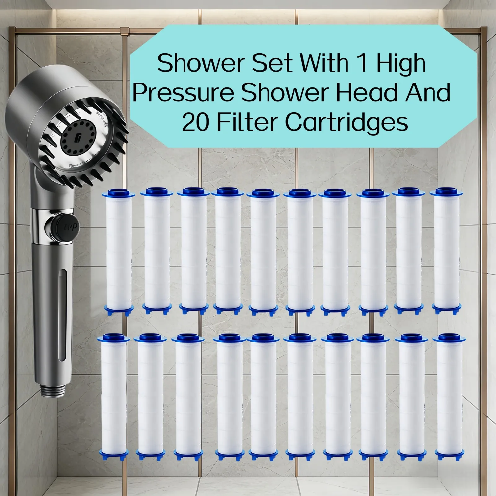 

21PCS Gray High Pressure Water Saving Shower Head Set 3 Modes Adjustable One Key Water Stop Hard Water Filter with 20 Filter