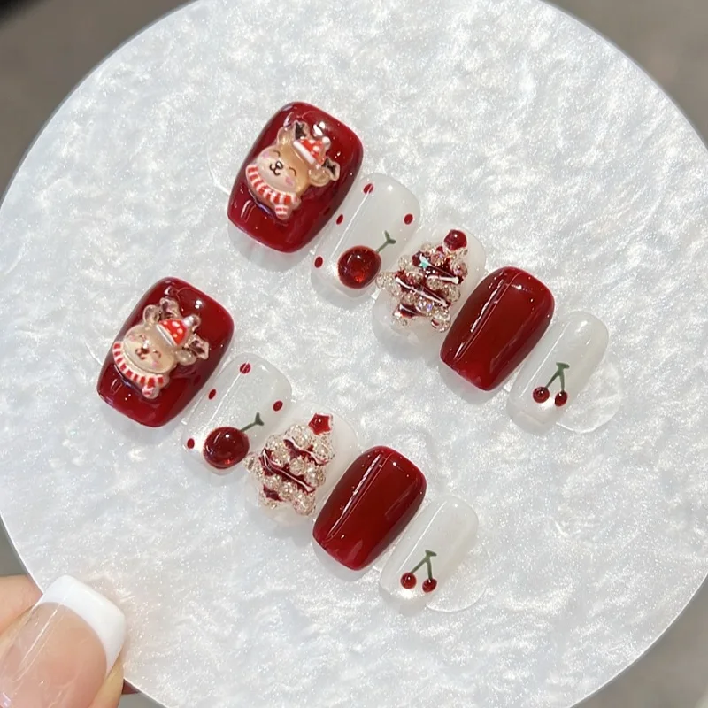 

10pcs 3D Red Cherry Christmas Handmade Press on Nails Christmas Tree Full Cover Nail for Women&Girls Removable Wearable Nail Art