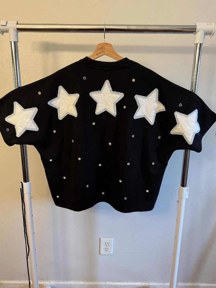 High street oversized flower patch embroidered short sleeved men's and women's shirts, summer rhinestone casual patch top