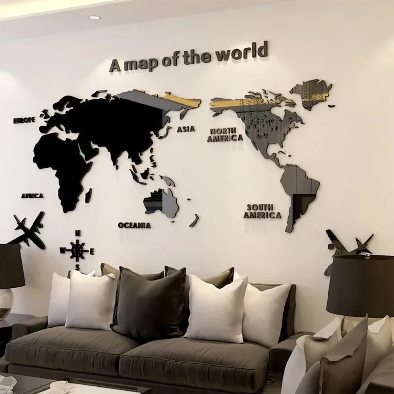 Fashion World Map Home Background Wall Stickers 3D Acrylic Three-dimensional Mirror Stickers Bedroom Office Wall Decor Stickers