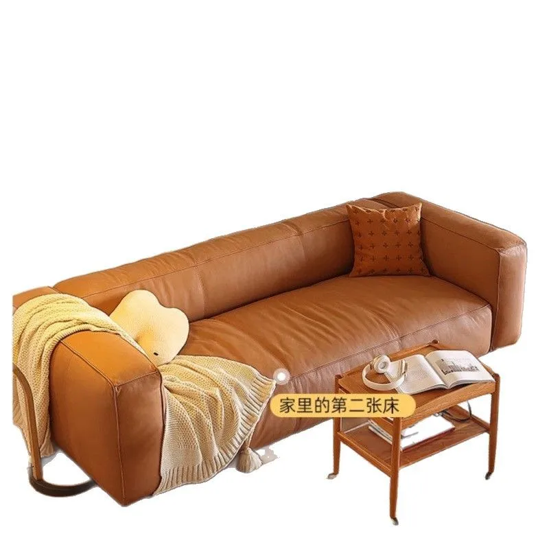 

Living room Nordic small unit retro leather sofa, simple straight row three seater tofu block American leather art sofa