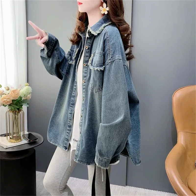 Spring Autumn Female Jeans Blouse Coat Korean Women Long Sleeves Denim Jacket Design Sense Ladies Rough Edge Cowboy Shirt Tops