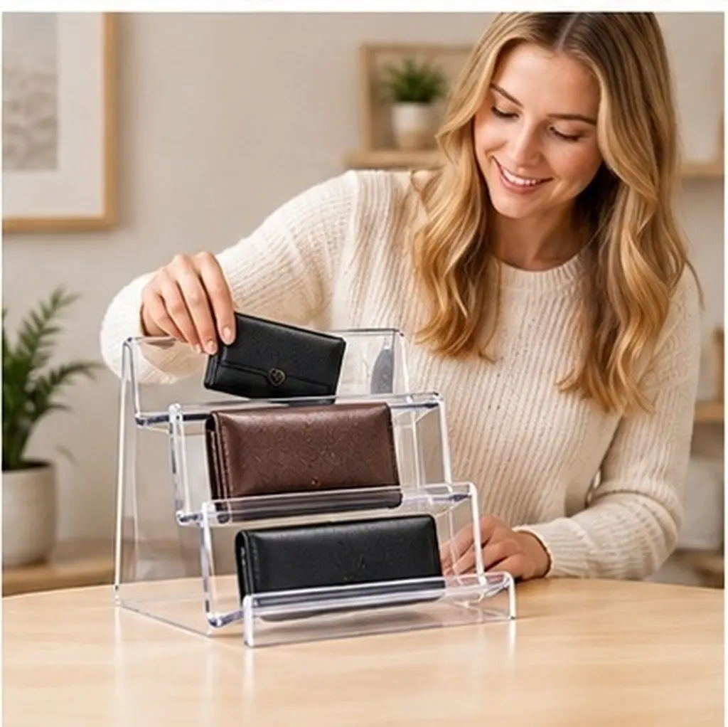 Wallet Storage Rack ABS Transparent Multi-Level Desktop Display Stand for Wallets Mobile Phones Cosmetics Jewelry Books Digital