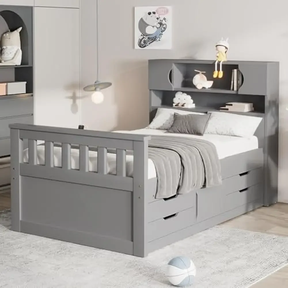 

Twin Size Wood Platform Bed with Bookcase Headboard 4 Drawers Storage Shelves Grey Stable Silent Design Hassle-Free Assembly