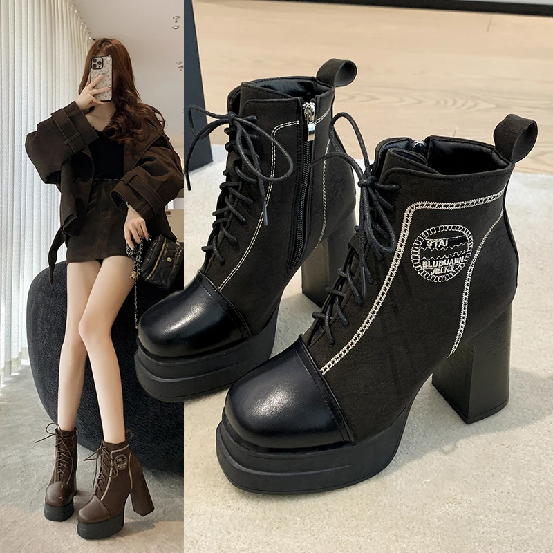 

2025 New Women Fashionable and Versatile Platform Buckle Zip Ankle Boots Round Toe Soft Leather Chunky High Heels Boots